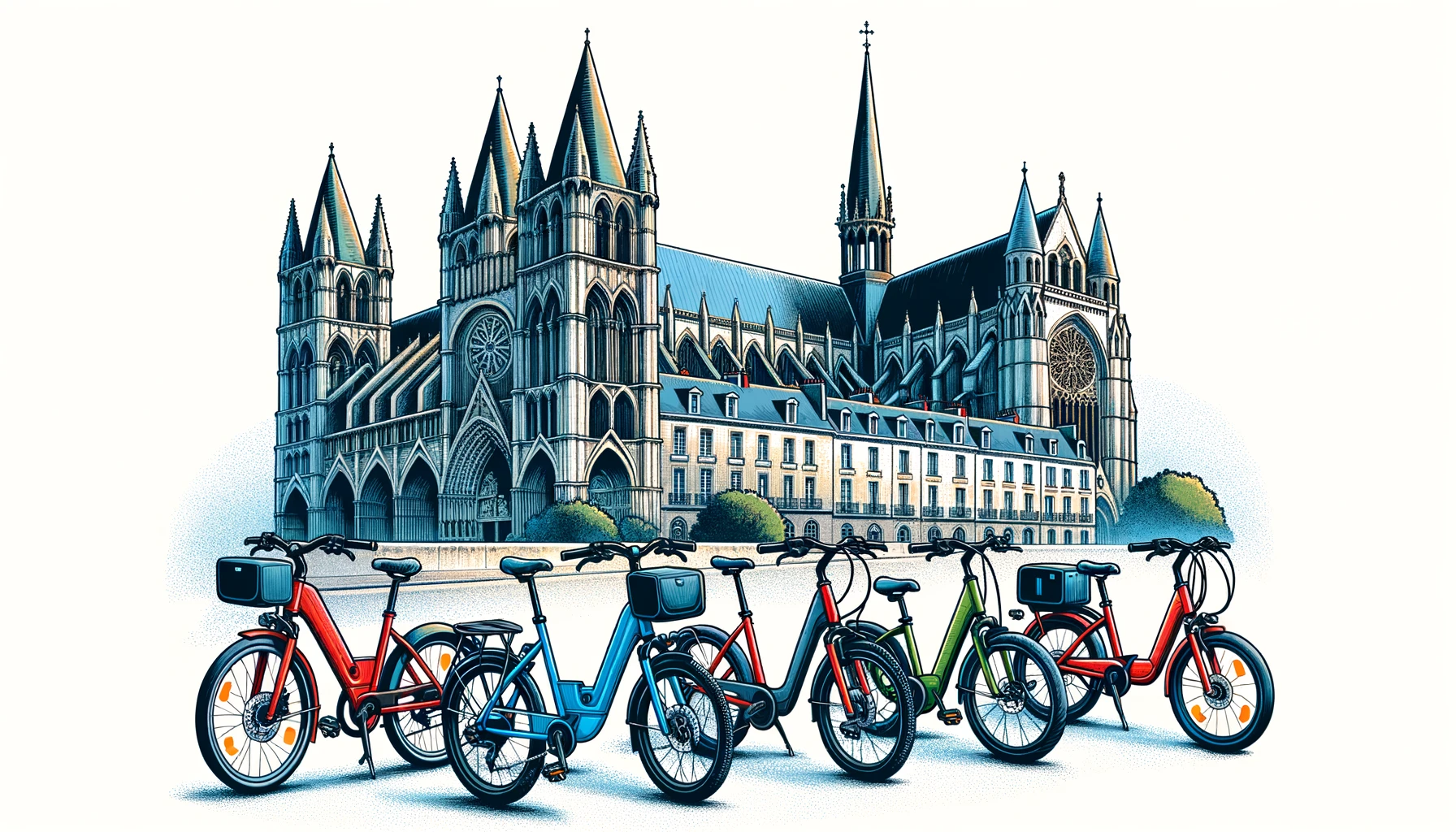 divers vélos électriques stationnés devant l'Abbaye aux Hommes de Caen